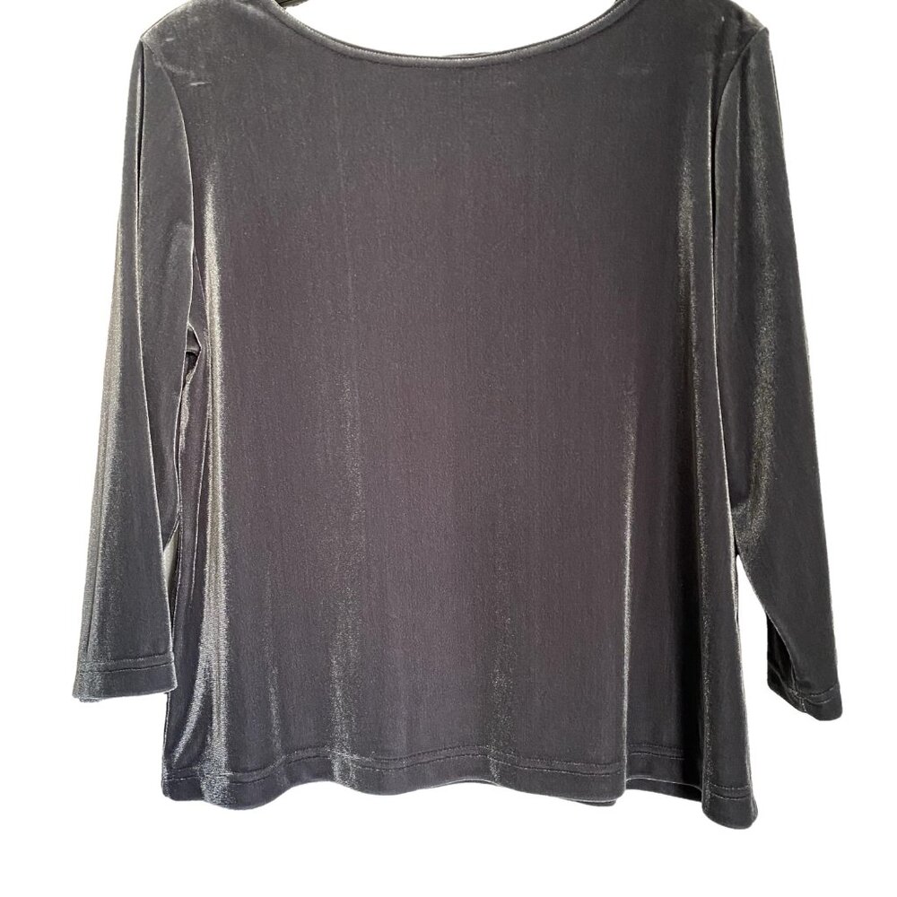 VINTAGE Silver Velvet Stretch 3/4 Sleeve Top Y2K Holiday Glam Petite L - Picture 3 of 11